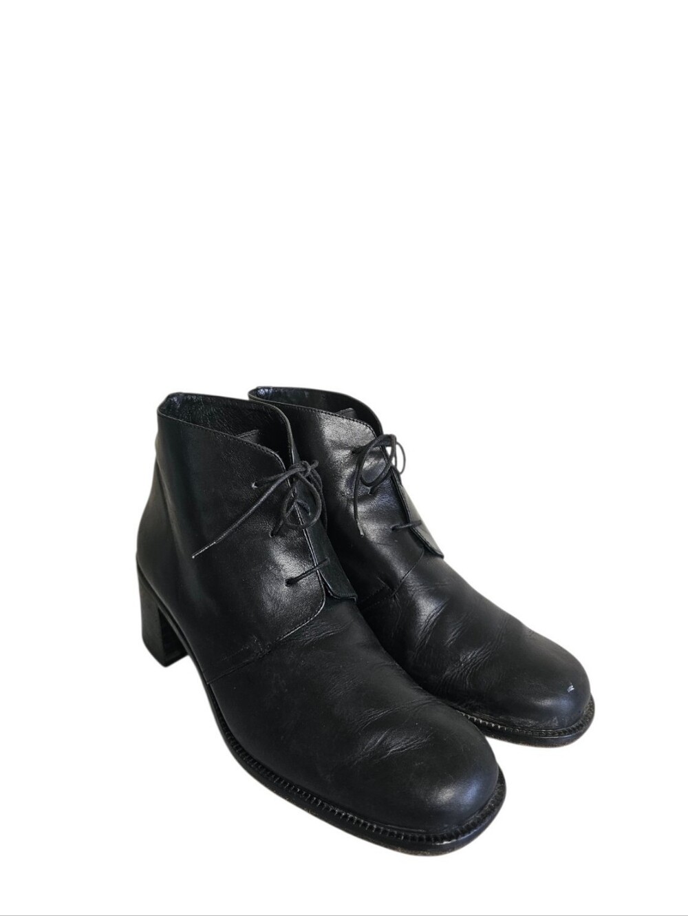 Crew  Black Leather Square Toe Block Heel Lace Up Ankle Boots 10M Made In Italy